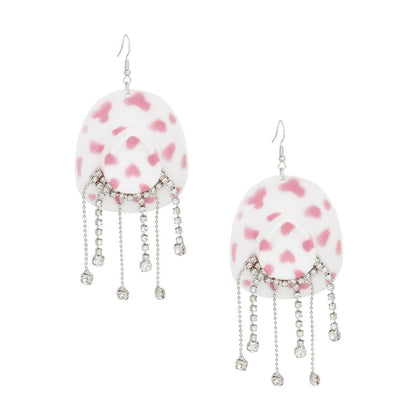 Fish Hook White Pink Cowgirl Hat Fringe Earrings