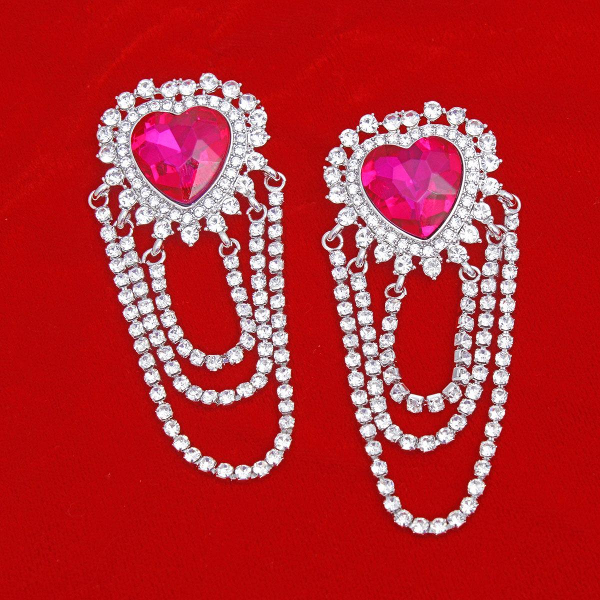 Dangle Fuchsia Crystal Heart Cascade Earrings