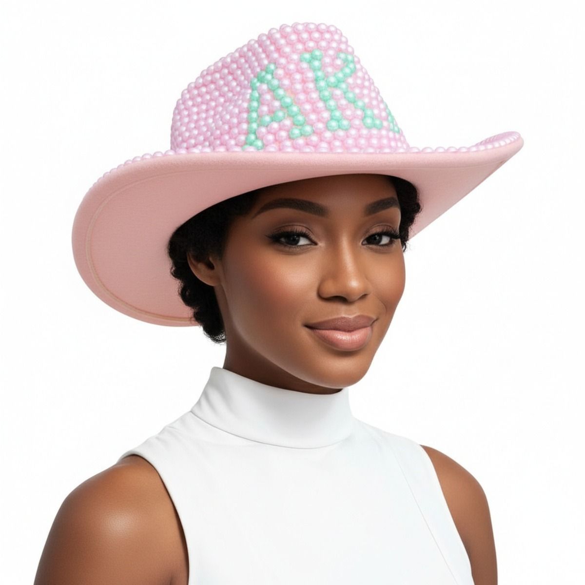AKA Sorority Pink and Green Pearl Fedora Hat Women