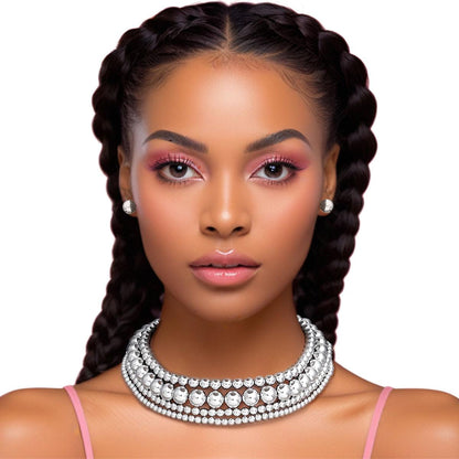 Necklace 4 Row Silver Ball Bead Layered Choker