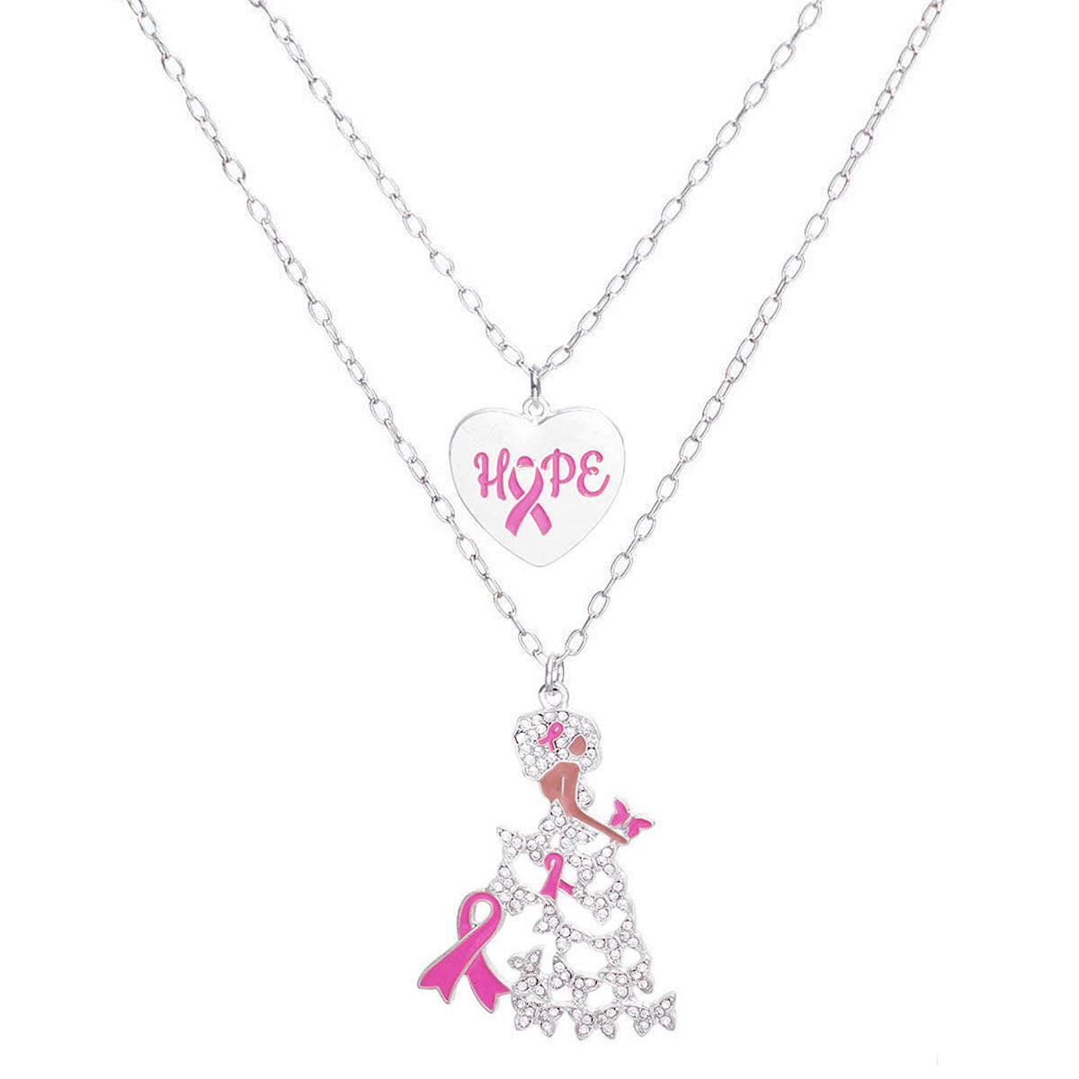 Breast Cancer Silver Chain 2 Pcs Pink Ribbon Pendants