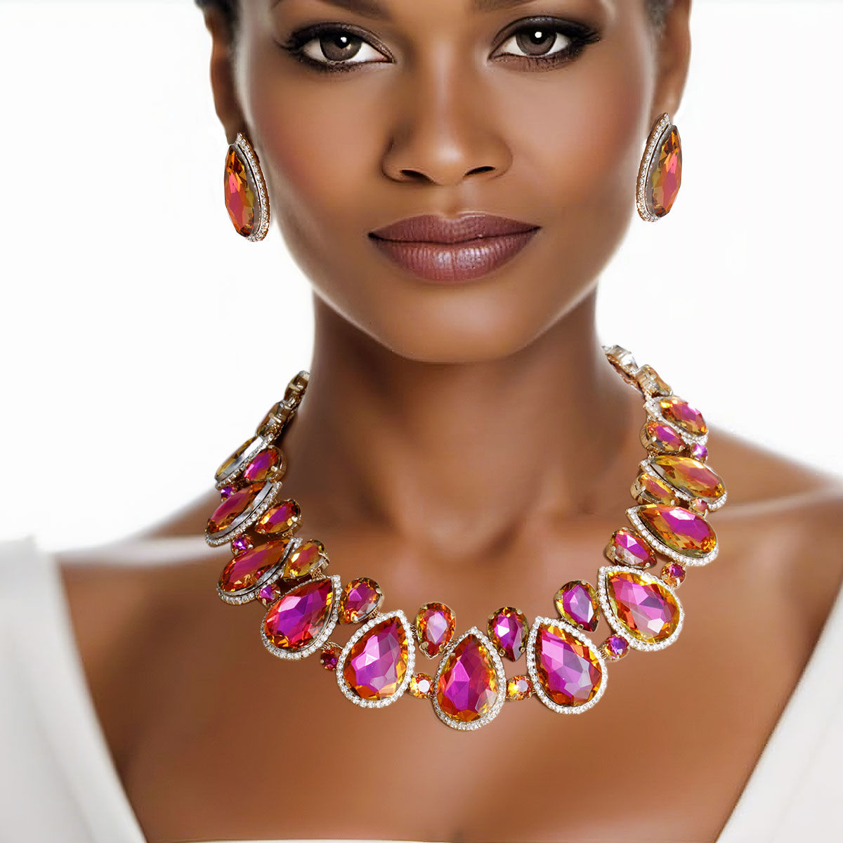 Purple Teardrop Crystal Collar Necklace Set