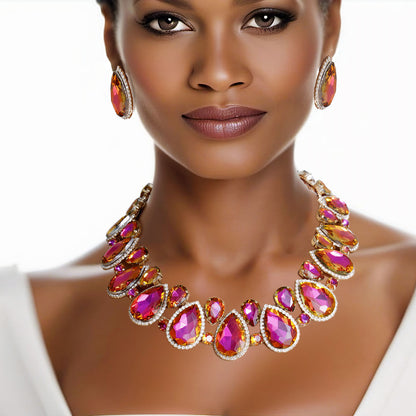 Purple Teardrop Crystal Collar Necklace Set