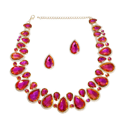 Purple Teardrop Crystal Collar Necklace Set
