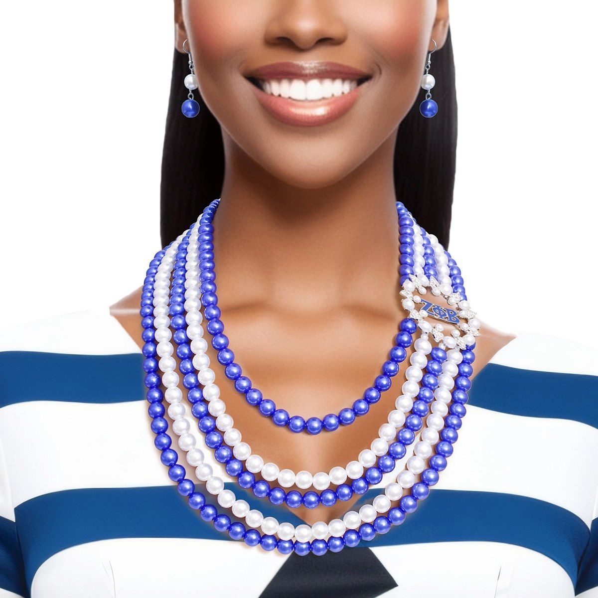 ZPB Blue &amp; White Pearl Layered Necklace &amp; Earring Set