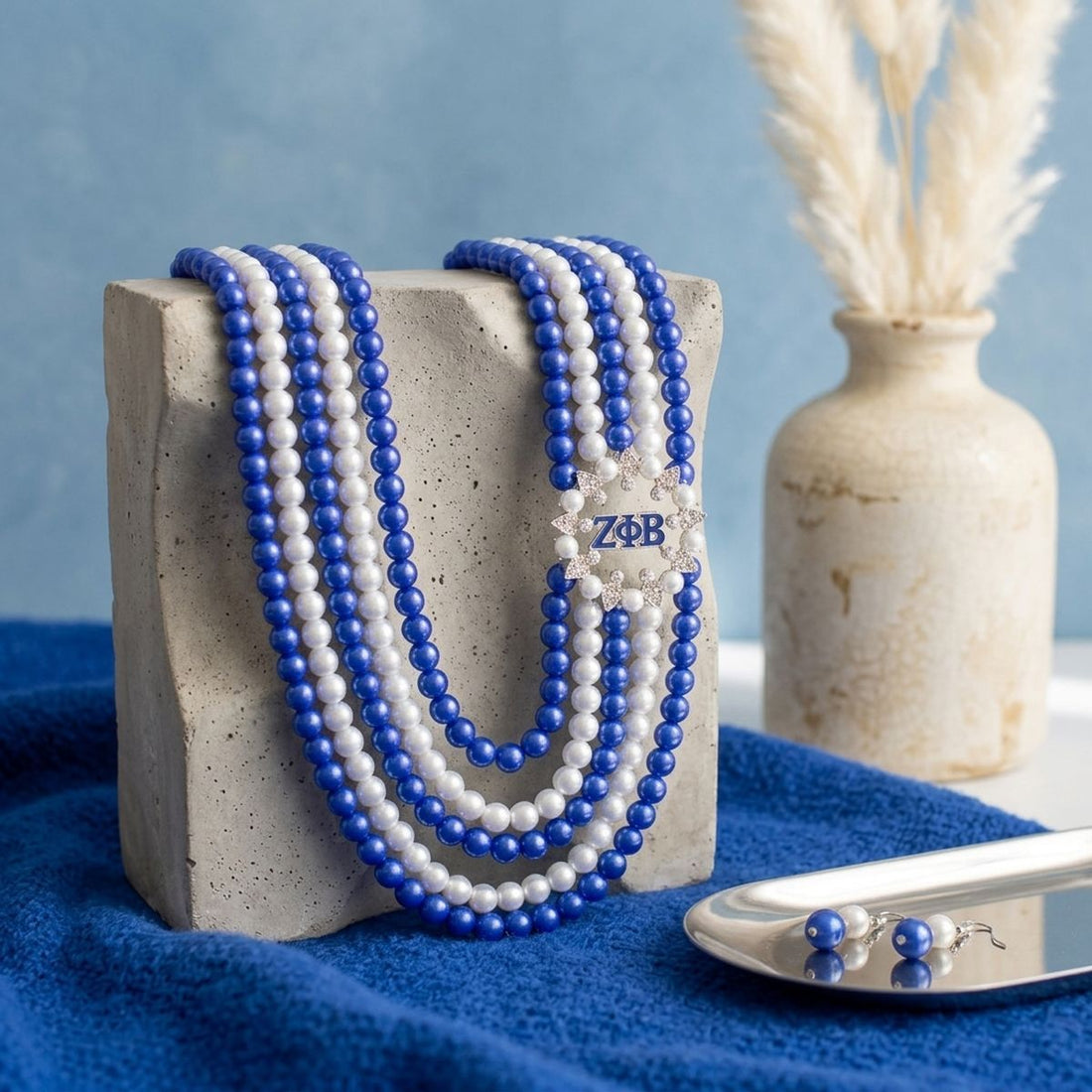 ZPB Blue &amp; White Pearl Layered Necklace &amp; Earring Set