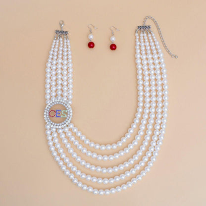 OES Sorority White Pearl Necklace Set for Women