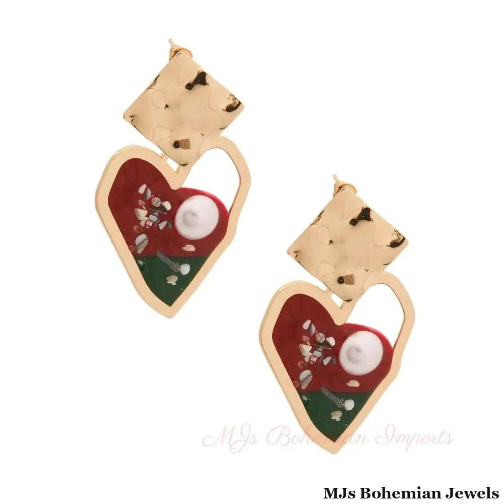 Gold and Red Resin Heart Earrings