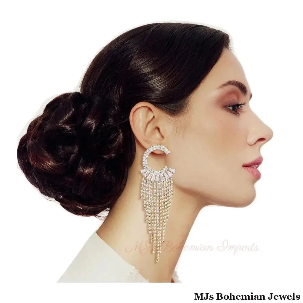 Gold C Cubic Zirconia Fringe Earrings