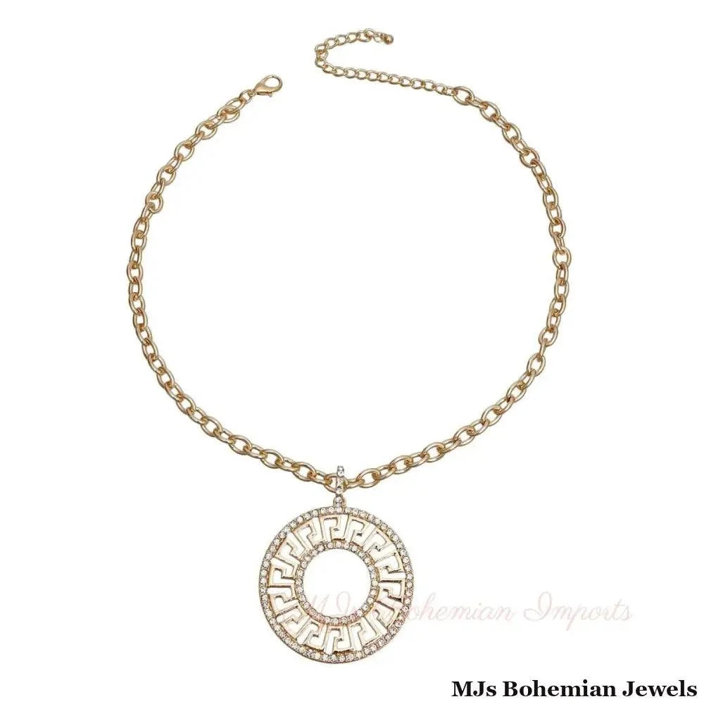 Gold Cable Chain Greek Key Rhinestone Pendant Necklace