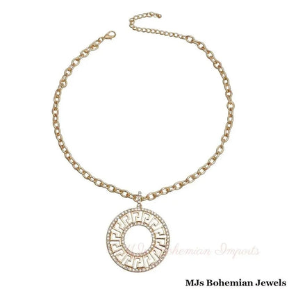 Gold Cable Chain Greek Key Rhinestone Pendant Necklace