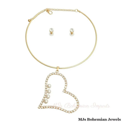 Gold Pearl Rhinestone Heart Choker Necklace | Clear Crystal Collar Necklace