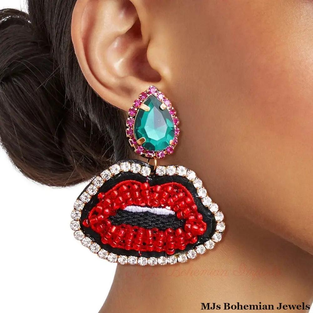 Green Teardrop Lips Earrings