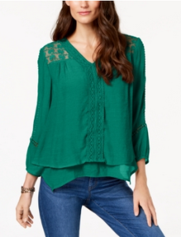 Style &amp; Co Petite Layered-Hem Crochet Woven Top, Size PL