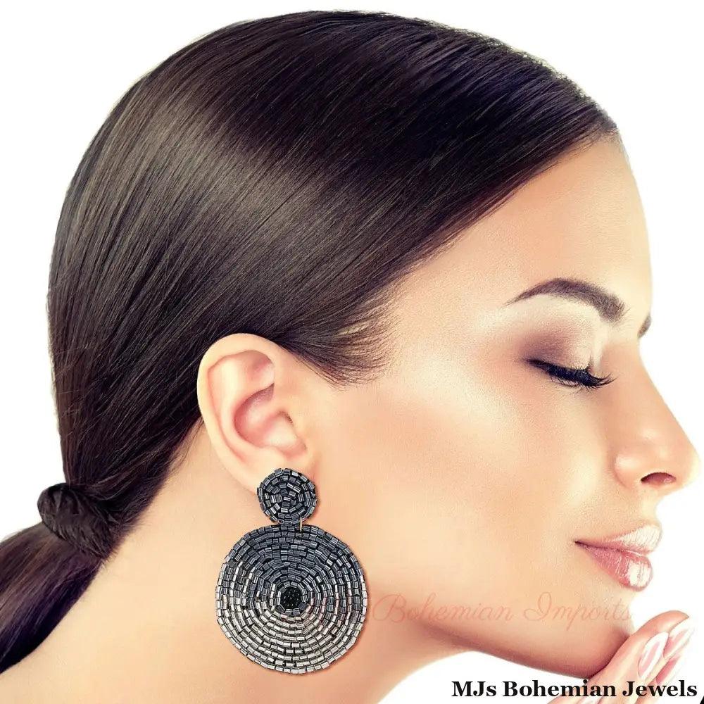Hematite &amp; Silver Beaded Round Drop Earrings