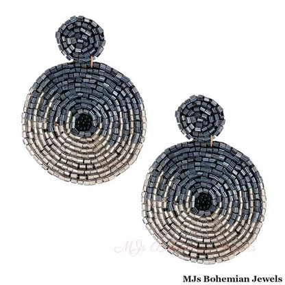 Hematite &amp; Silver Beaded Round Drop Earrings