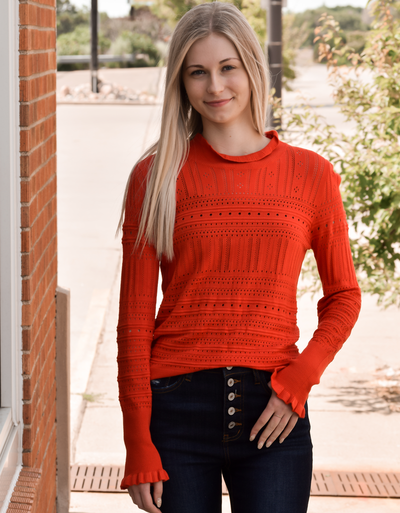 Hollow-Out Knitted Long Sleeve Top With Ruffle