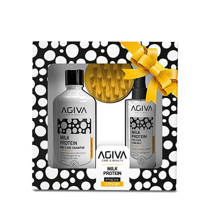 Agiva Milk Protein Hair Care Set: Shampoo, Hair Milk &amp; Comb - Repair Damaged Hair, Restore Shine, Moisturize &amp; Detangle (Brush Color May Vary)