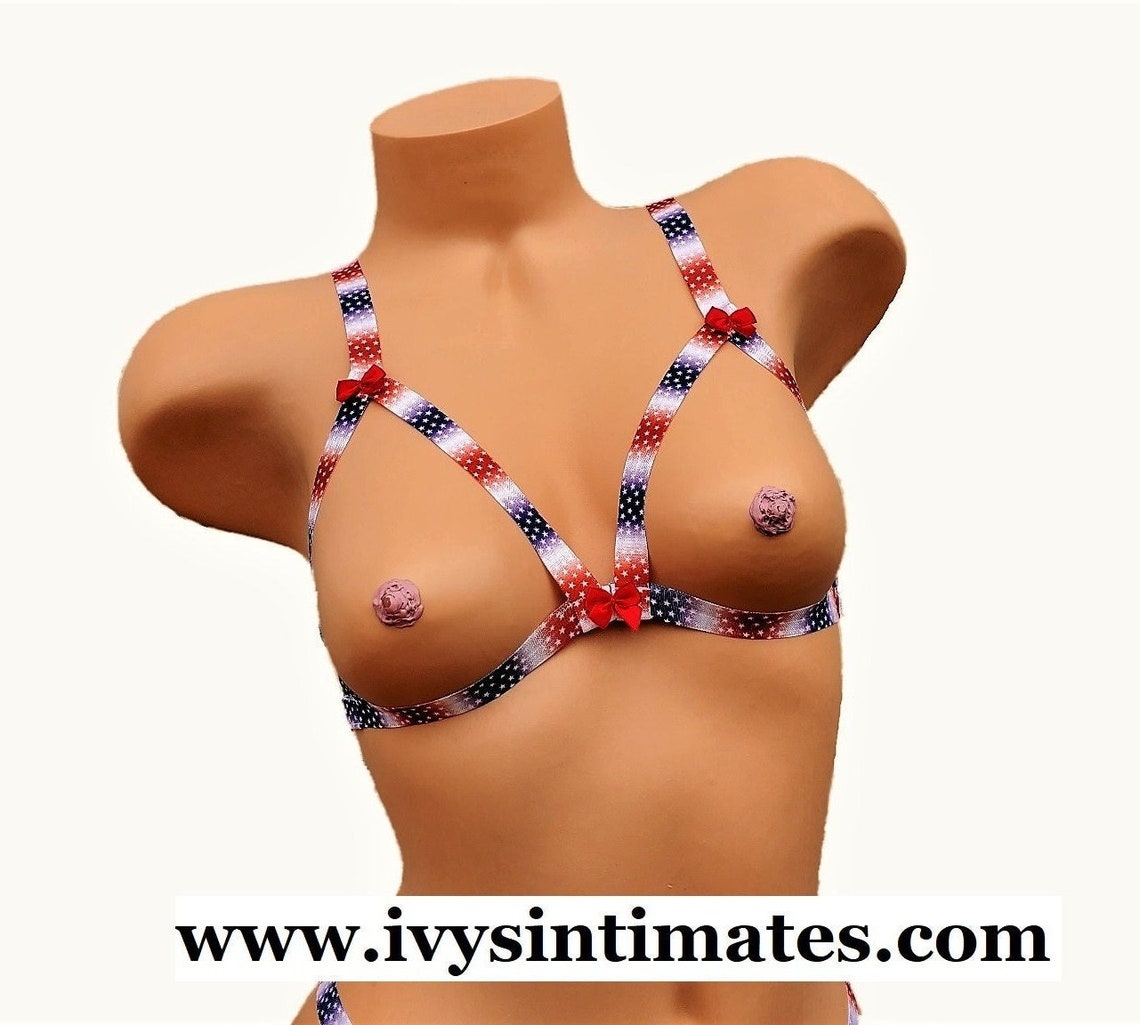 Red White And Blue American Flag Cupless Lingerie Bra With Cutout Chest Harness