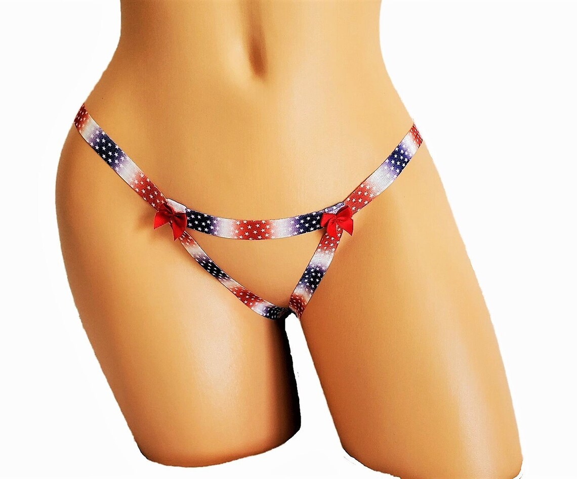 American Flag Crotchless Thong Lingerie Panty With Red Bow Accents