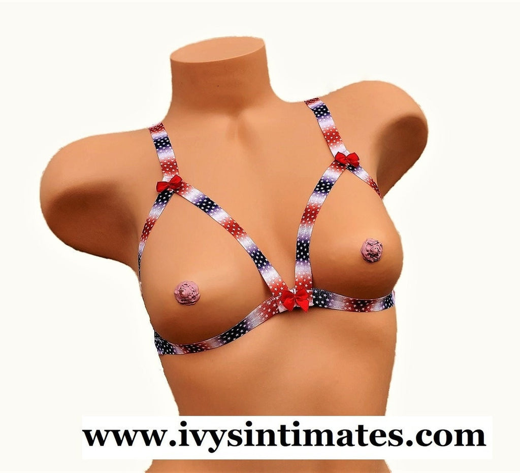 Red White And Blue American Flag Cupless Lingerie Bra With Cutout Chest Harness