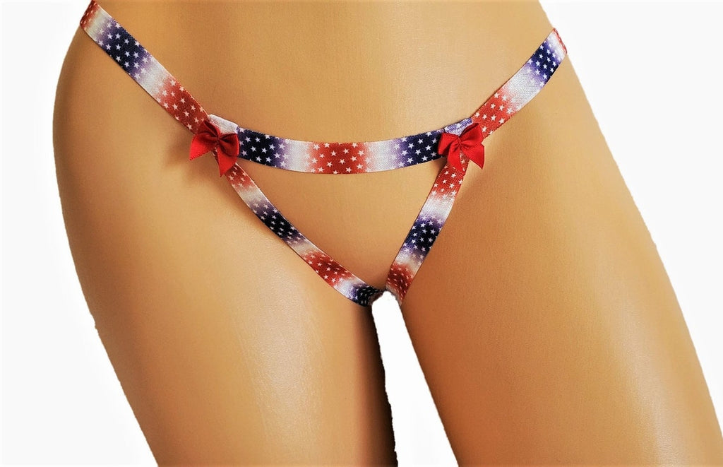 American Flag Crotchless Thong Lingerie Panty With Red Bow Accents