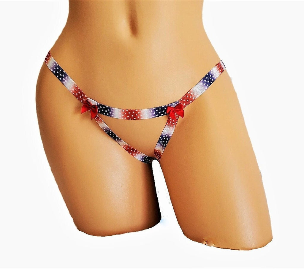 American Flag Crotchless Thong Lingerie Panty With Red Bow Accents