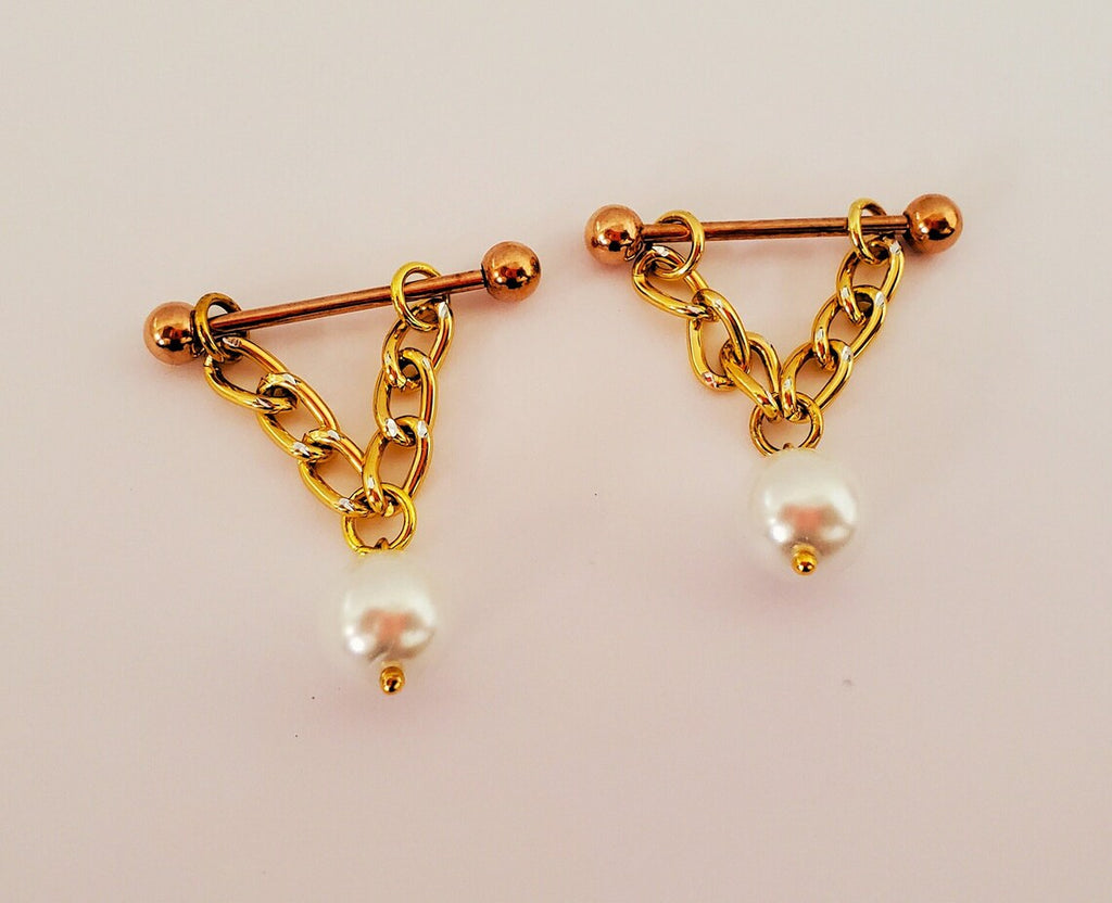 Stainless Steel 14G Gold Pearl Nipple Barbell Ring Jewelry
