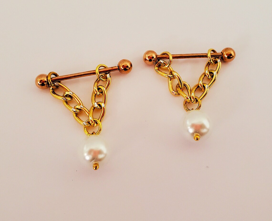 Stainless Steel 14G Gold Pearl Nipple Barbell Ring Jewelry