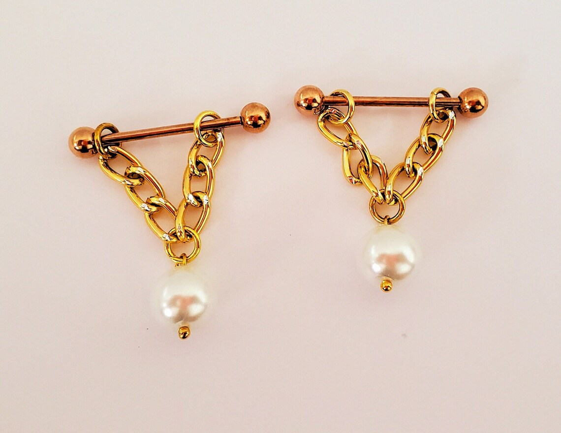 Stainless Steel 14G Gold Pearl Nipple Barbell Ring Jewelry