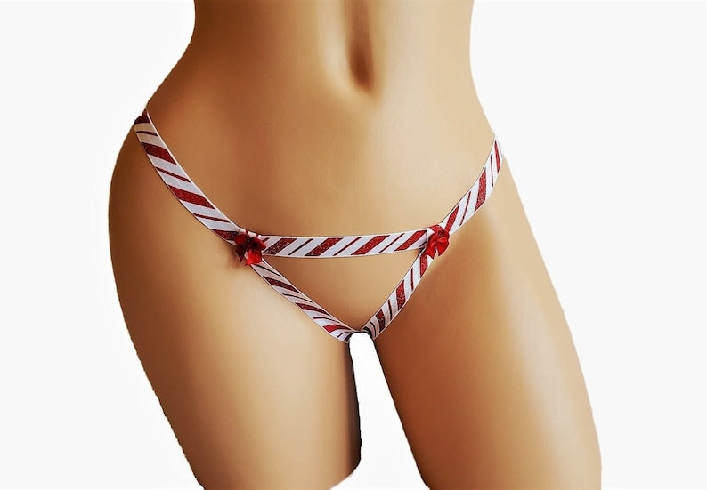 Christmas Crotchless Lingerie Thong With Candy Cane Sparkle