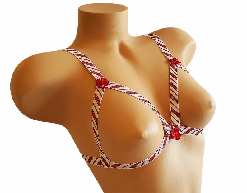 Holiday Candy Cane Sparkle Cupless Lingerie Bra With Red Bow