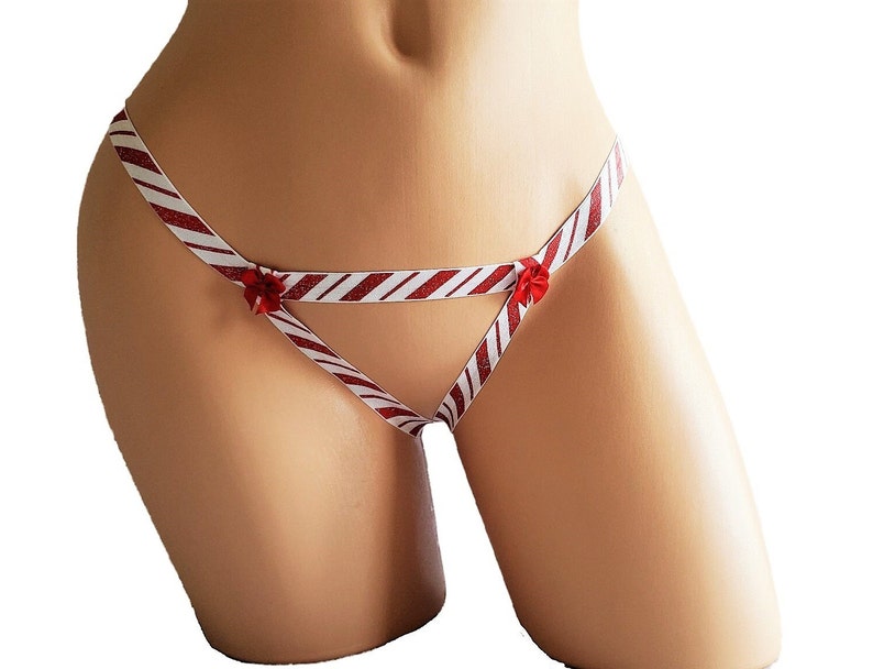 Christmas Crotchless Lingerie Thong With Candy Cane Sparkle