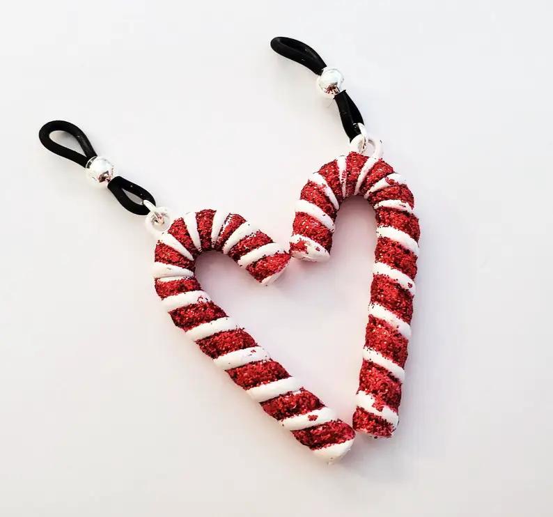 Candy Cane Fake Nipple Rings Sexy Christmas Jewelry Adjustable by Ivy&