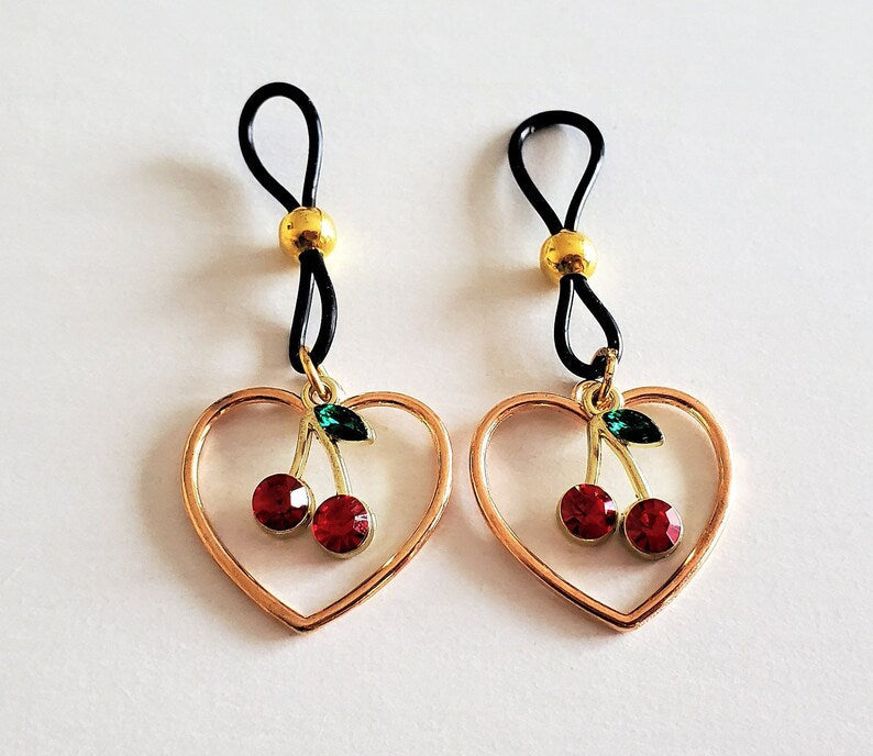Gold Adjustable Non-Pierced Cherry Heart Nipple Ring Noose Set With Rhinestone And Silicone Loops