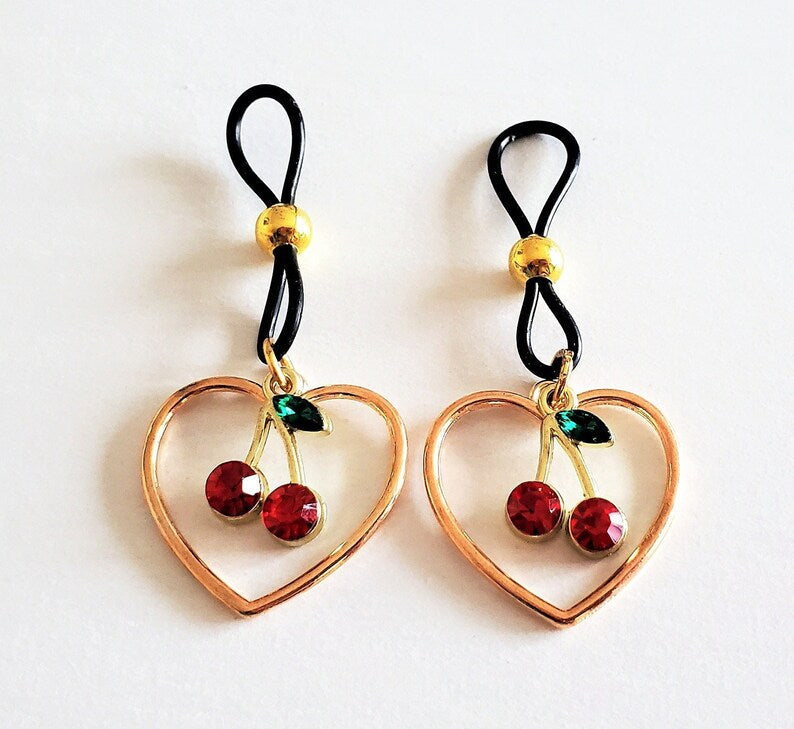 Gold Adjustable Non-Pierced Cherry Heart Nipple Ring Noose Set With Rhinestone And Silicone Loops
