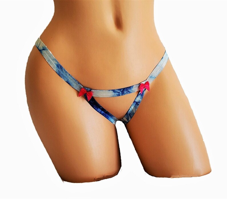 Blueberry Swirl Tie Dye Crotchless Thong Panty With Bow