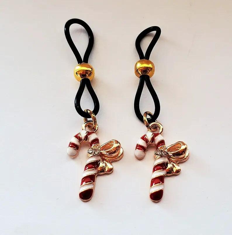 Adjustable Gold Bow Candy Cane Nipple Ring With Dainty Christmas Beads by Ivy&
