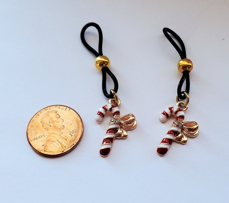 Adjustable Gold Bow Candy Cane Nipple Ring With Dainty Christmas Beads