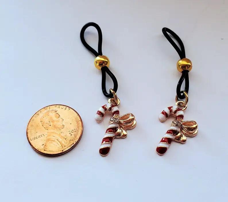 Adjustable Gold Bow Candy Cane Nipple Ring With Dainty Christmas Beads by Ivy&