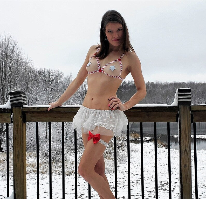 Holiday Candy Cane Sparkle Cupless Lingerie Bra With Red Bow