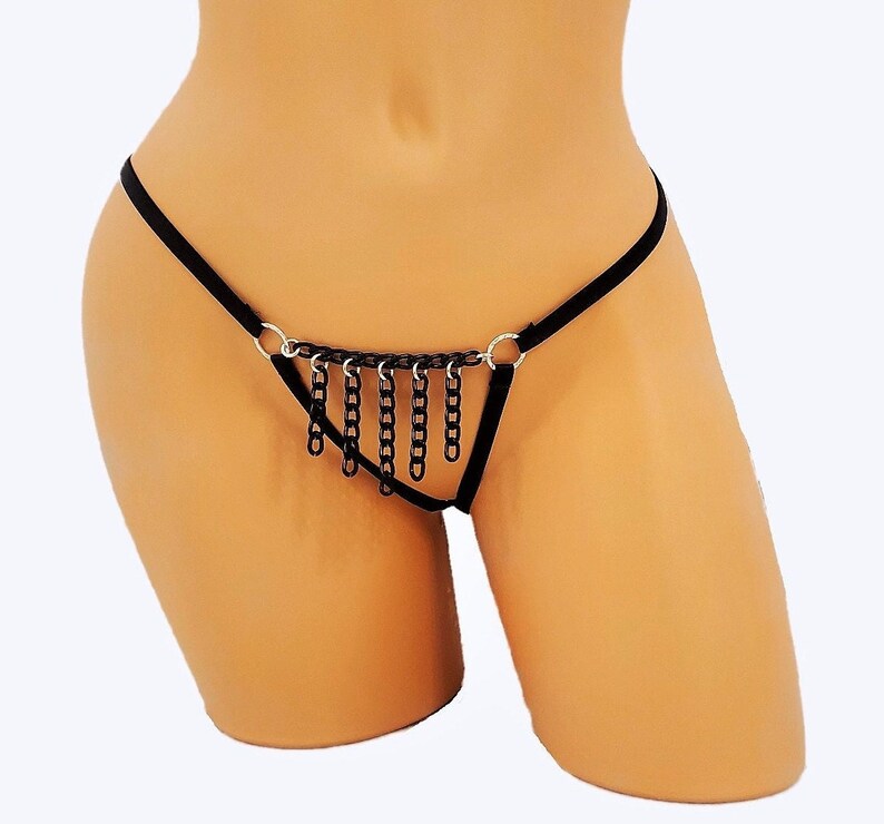 Sexy Black BDSM Chain Fringe Thong Lingerie With Open Crotch