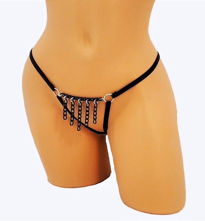 Sexy Black BDSM Chain Fringe Thong Lingerie With Open Crotch