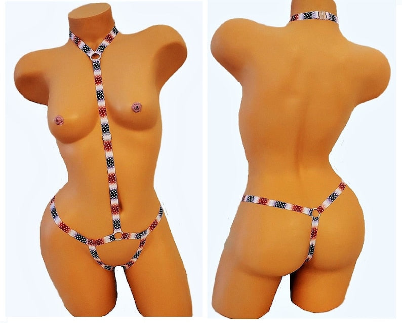 Stars And Stripes Cutout Harness Bodysuit Lingerie