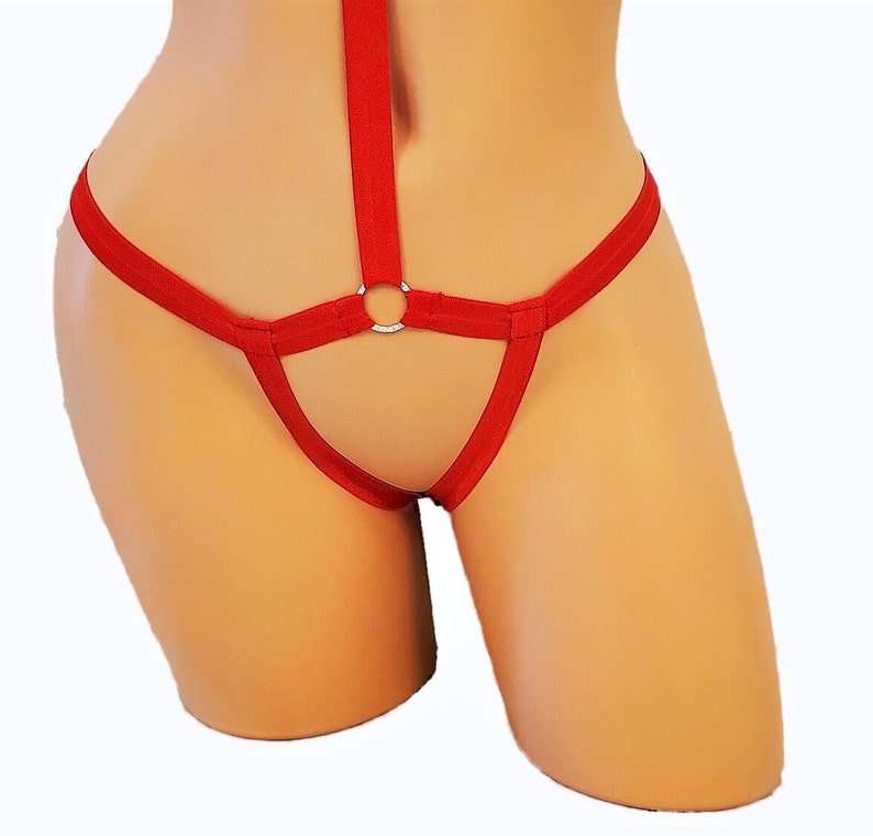 Sexy Red Or Black Crotchless Thong Body Suit Harness With Silver Rings