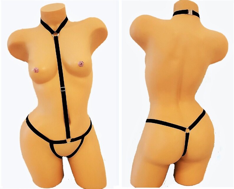 Sexy Red Or Black Crotchless Thong Body Suit Harness With Silver Rings