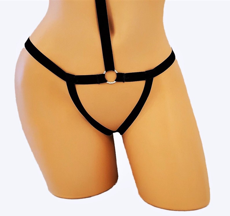 Sexy Red Or Black Crotchless Thong Body Suit Harness With Silver Rings