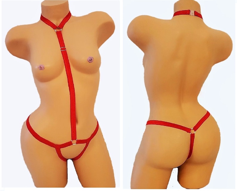 Sexy Red Or Black Crotchless Thong Body Suit Harness With Silver Rings