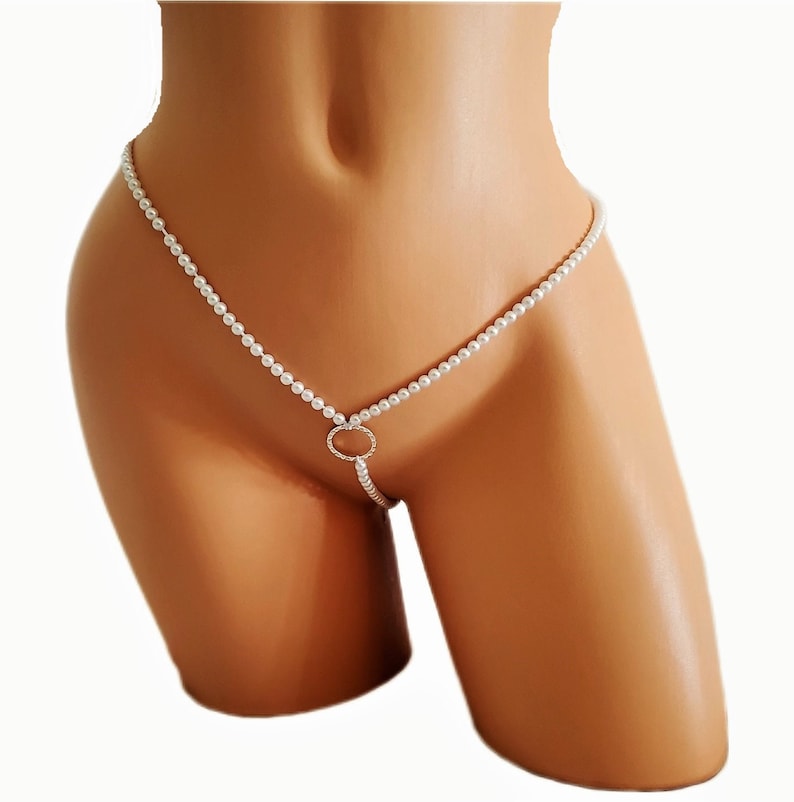 Hand Beaded Pearl Thong Lingerie Crotchless Cutout Panty