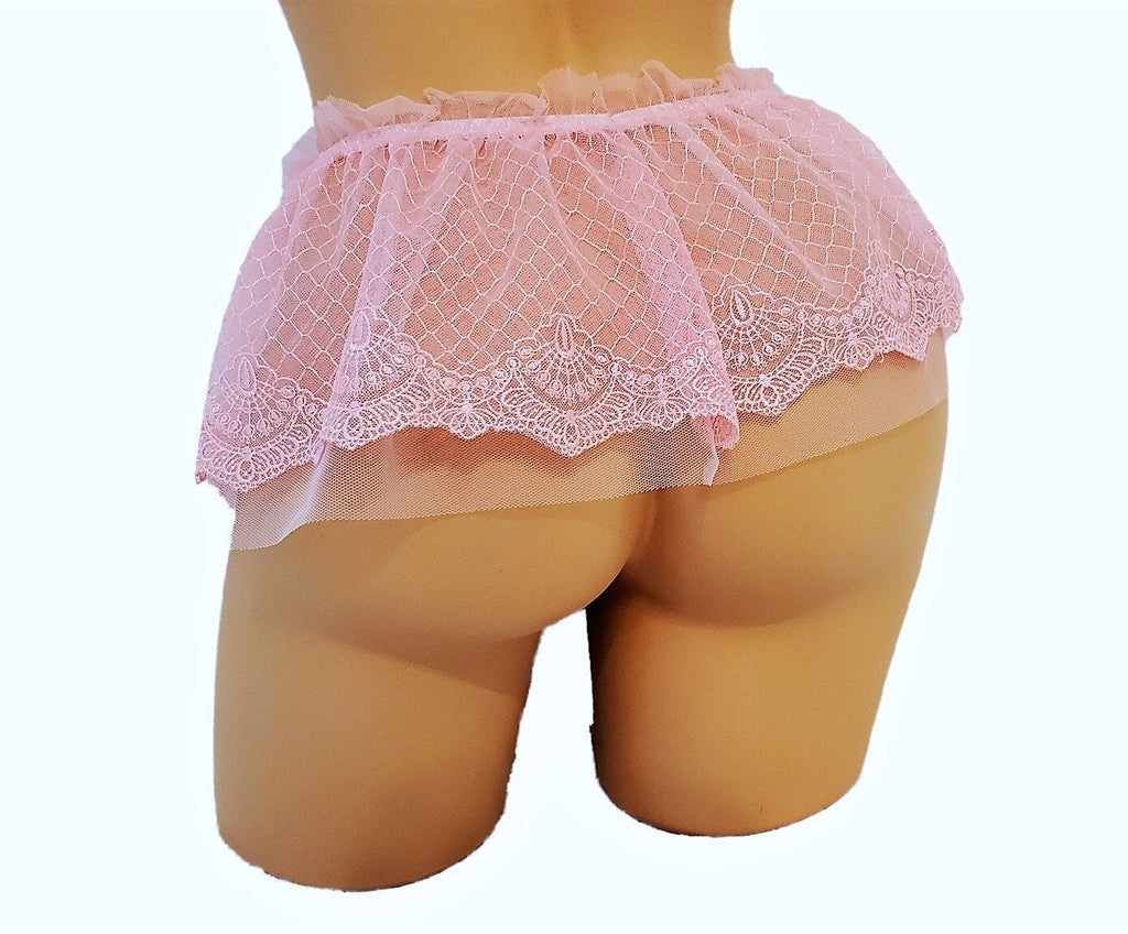 Pink Embroidered Lingerie Micro Mini Skirt With Ruffle Waist